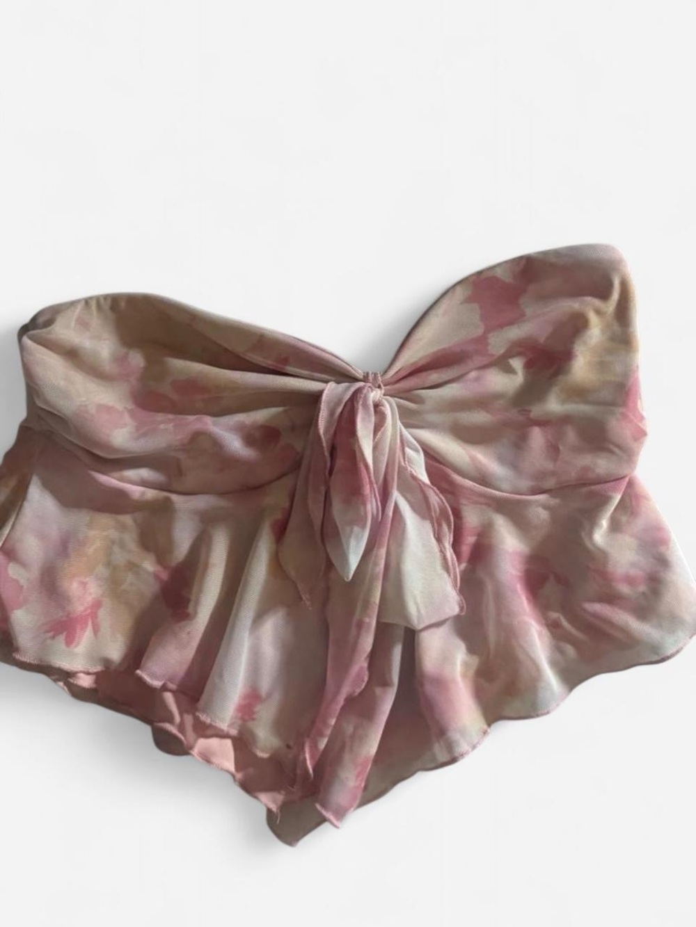 SHEIN Pink Watercolor Tie-Front Ruffle Strapless Crop Top